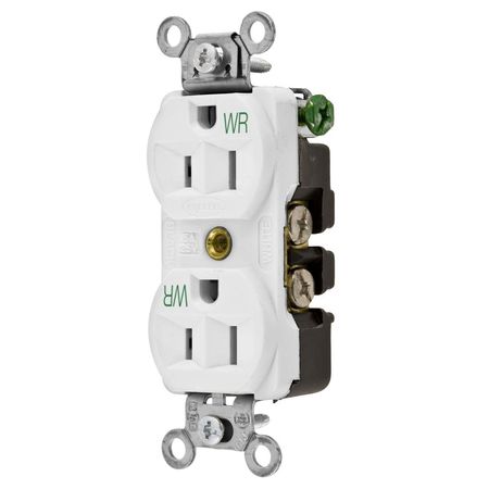 HUBBELL WIRING DEVICE-KELLEMS Straight Blade Devices, Weather Resistant Receptacles, Duplex, Commercial/Industrial Grade, 2-Pole 3-Wire Grounding, 15A 125V, 5-15R, White 5262WWR